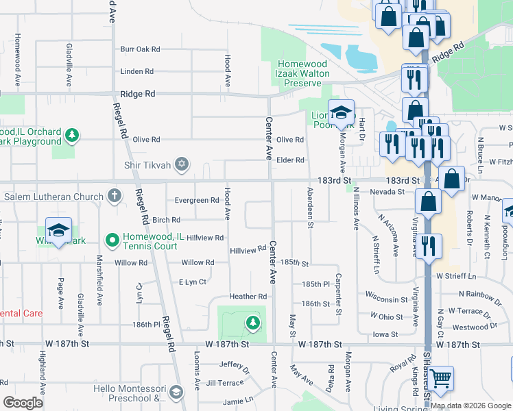 map of restaurants, bars, coffee shops, grocery stores, and more near 1223 Evergreen Road in Homewood