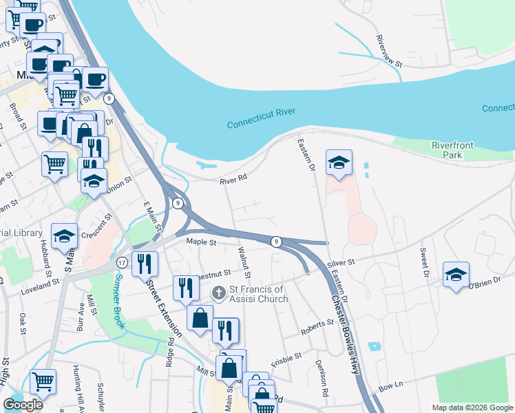 map of restaurants, bars, coffee shops, grocery stores, and more near 14 Omo Street in Middletown