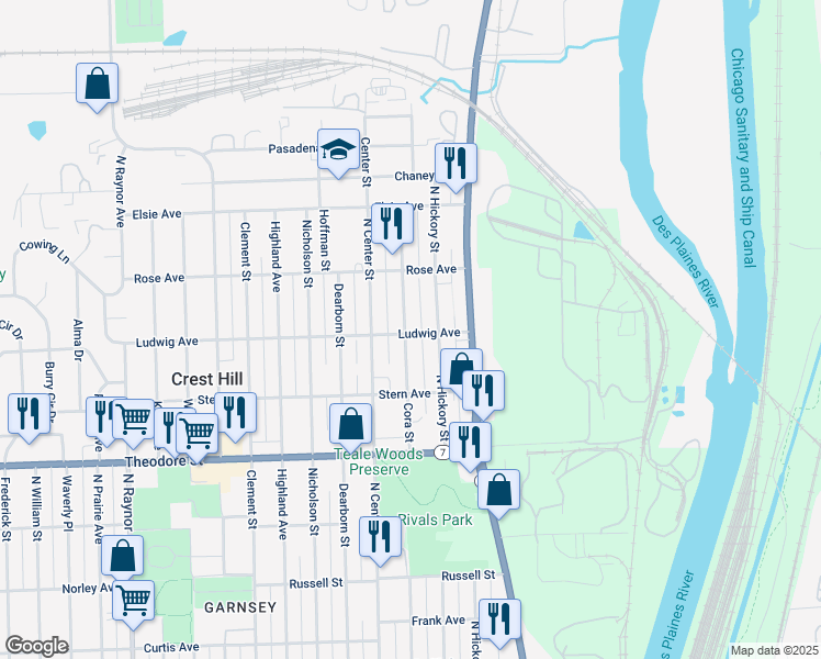 map of restaurants, bars, coffee shops, grocery stores, and more near 1800 Cora Street in Crest Hill