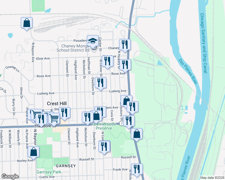 map of restaurants, bars, coffee shops, grocery stores, and more near 1800 Cora Street in Crest Hill