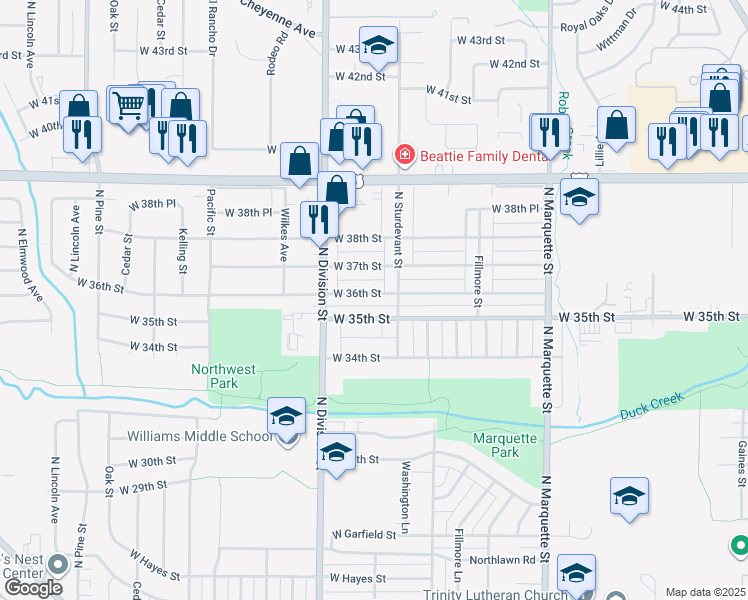 map of restaurants, bars, coffee shops, grocery stores, and more near 1625 West 36th Street in Davenport