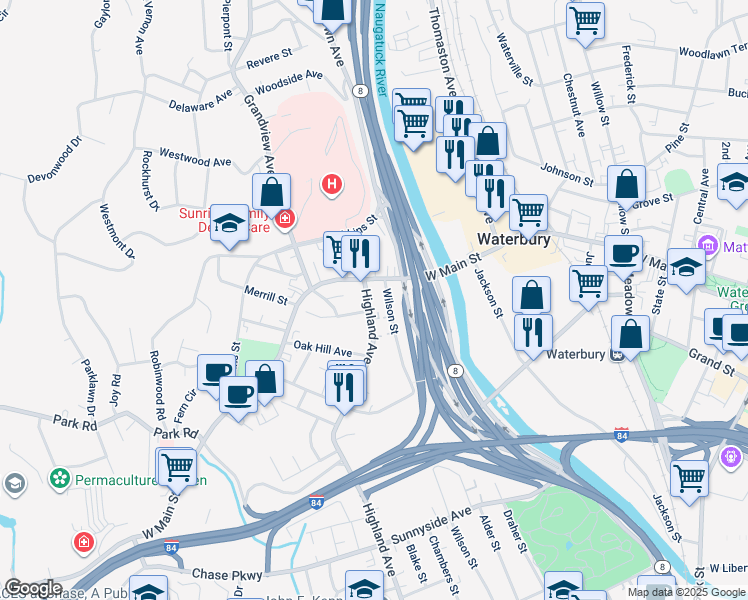 map of restaurants, bars, coffee shops, grocery stores, and more near 29 Highland Avenue in Waterbury