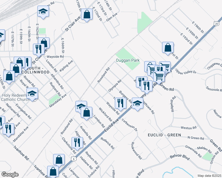 map of restaurants, bars, coffee shops, grocery stores, and more near 17918 Olympia Road in Cleveland