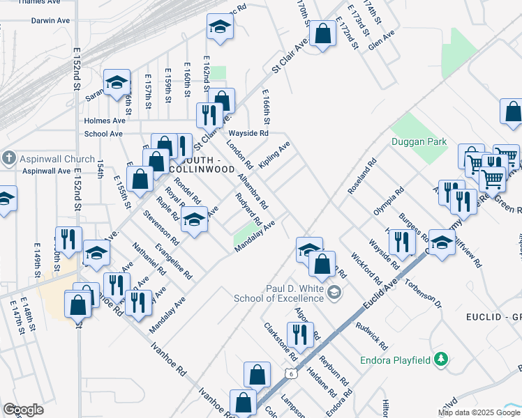 map of restaurants, bars, coffee shops, grocery stores, and more near 932 Alhambra Road in Cleveland