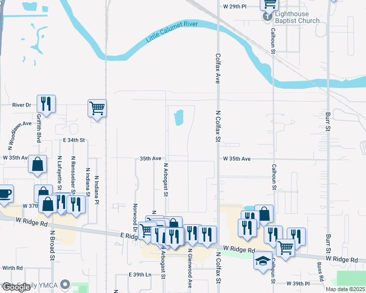 map of restaurants, bars, coffee shops, grocery stores, and more near 1927 North Mansard Boulevard in Griffith
