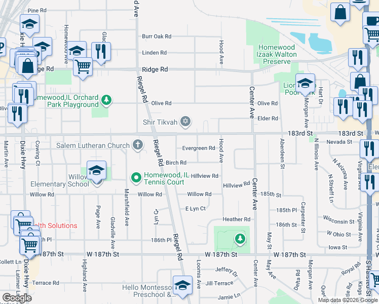 map of restaurants, bars, coffee shops, grocery stores, and more near 18328 Loomis Avenue in Homewood