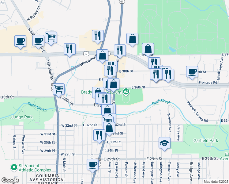 map of restaurants, bars, coffee shops, grocery stores, and more near 3563-3599 Brady Street in Davenport
