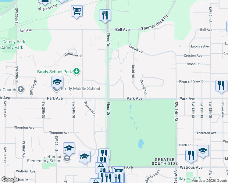 map of restaurants, bars, coffee shops, grocery stores, and more near 3132 Park Plaza Drive in Des Moines
