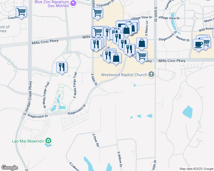 map of restaurants, bars, coffee shops, grocery stores, and more near 1101 Galleria Drive in West Des Moines
