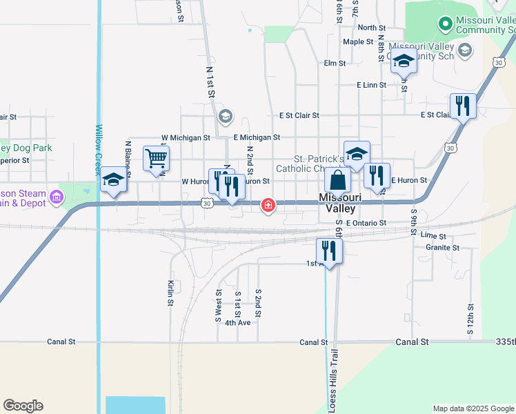 map of restaurants, bars, coffee shops, grocery stores, and more near 120 East Erie Street in Missouri Valley