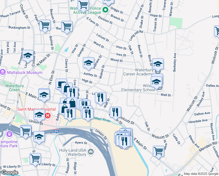 map of restaurants, bars, coffee shops, grocery stores, and more near 48 Walnut Avenue in Waterbury