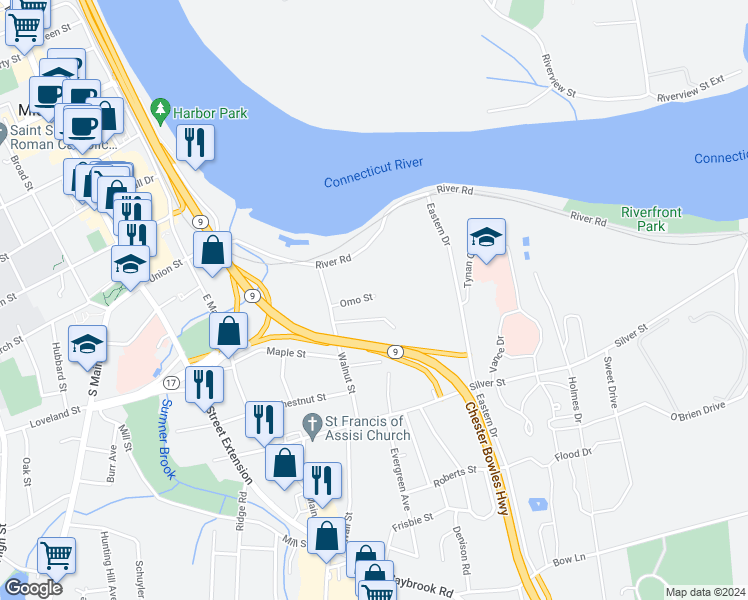 map of restaurants, bars, coffee shops, grocery stores, and more near 16 Omo Street in Middletown