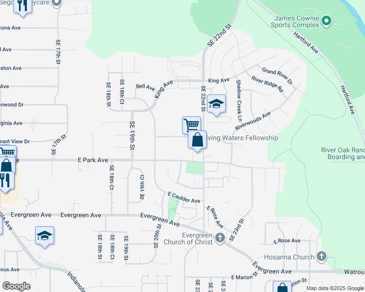 map of restaurants, bars, coffee shops, grocery stores, and more near 2111 East Virginia Avenue in Des Moines