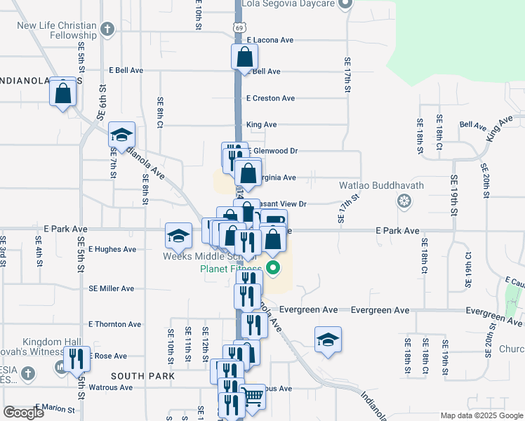 map of restaurants, bars, coffee shops, grocery stores, and more near 1427 Pleasant View Drive in Des Moines