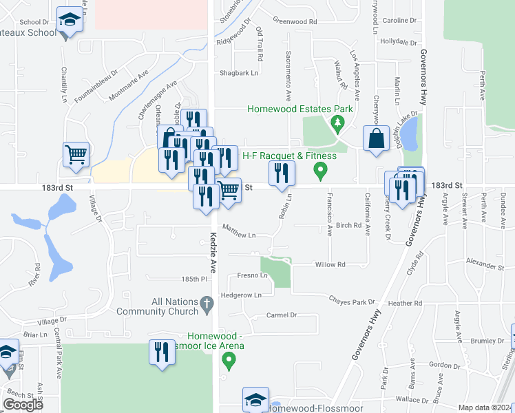 map of restaurants, bars, coffee shops, grocery stores, and more near 3043 183rd Street in Homewood