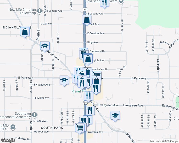 map of restaurants, bars, coffee shops, grocery stores, and more near 1427 Pleasant View Drive in Des Moines