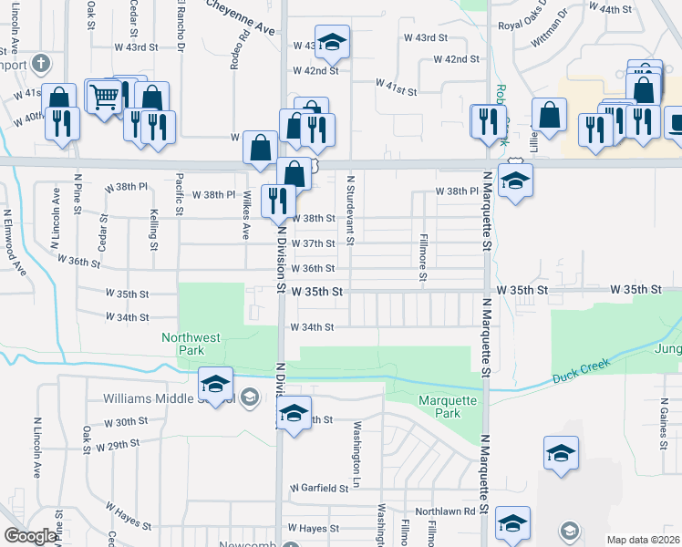 map of restaurants, bars, coffee shops, grocery stores, and more near 1609 West 36th Street in Davenport