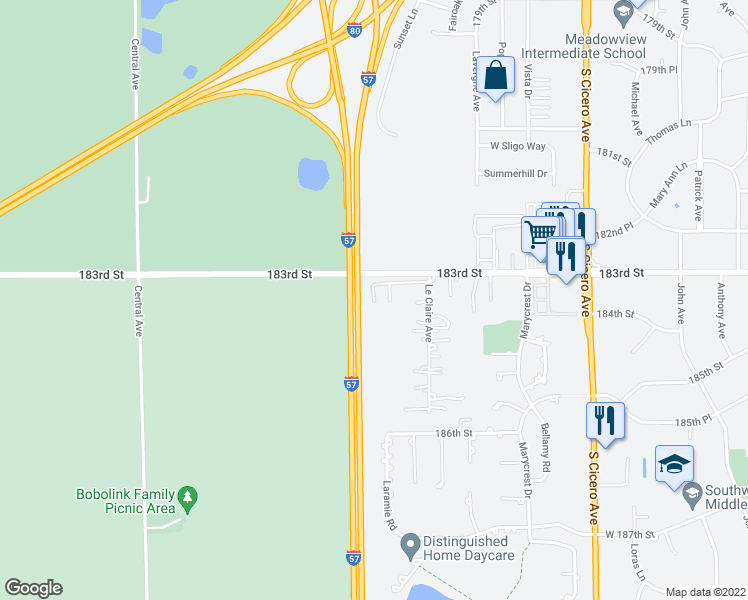 map of restaurants, bars, coffee shops, grocery stores, and more near 5169 183rd Street in Country Club Hills