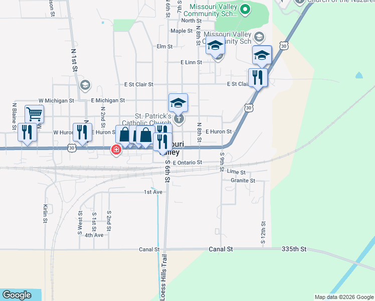 map of restaurants, bars, coffee shops, grocery stores, and more near 108 South 7th Street in Missouri Valley