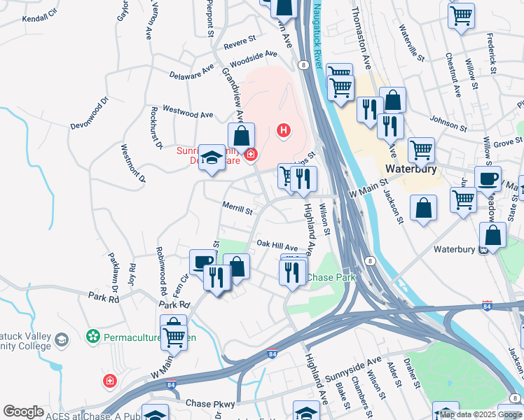 map of restaurants, bars, coffee shops, grocery stores, and more near 1083 West Main Street in Waterbury
