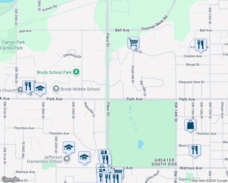 map of restaurants, bars, coffee shops, grocery stores, and more near 3132 Park Plaza Drive in Des Moines