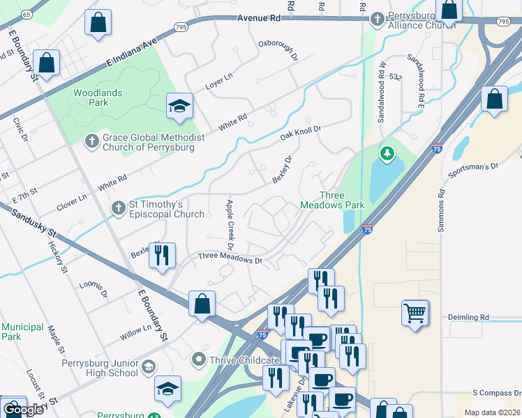 map of restaurants, bars, coffee shops, grocery stores, and more near 3 Exeter Road in Perrysburg