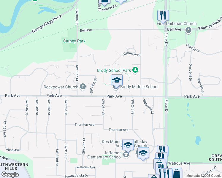 map of restaurants, bars, coffee shops, grocery stores, and more near 2501 Park Avenue in Des Moines