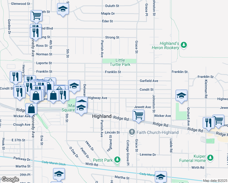 map of restaurants, bars, coffee shops, grocery stores, and more near 3241 Highway Avenue in Highland