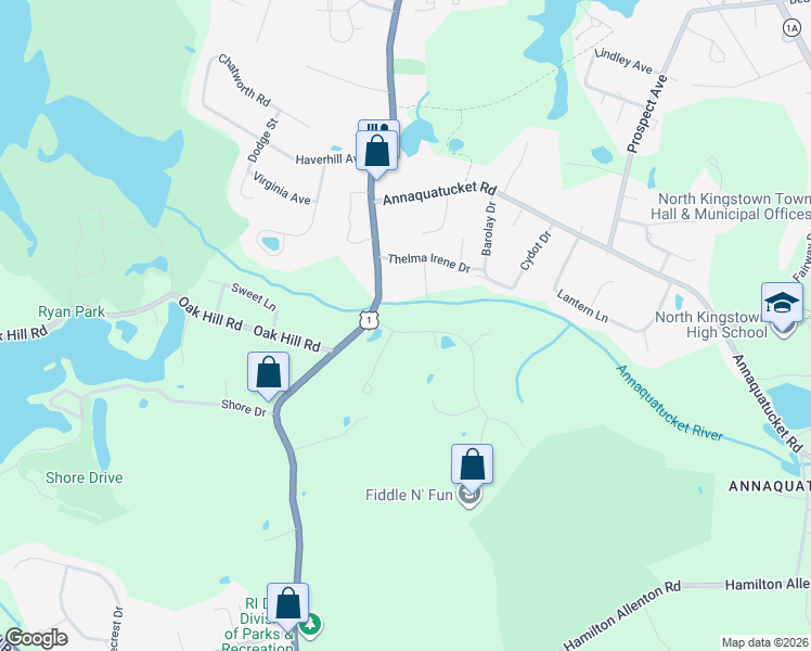 map of restaurants, bars, coffee shops, grocery stores, and more near 53 Daniel Drive in North Kingstown