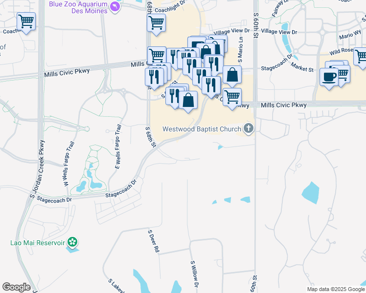 map of restaurants, bars, coffee shops, grocery stores, and more near 6455 Galleria Drive in West Des Moines