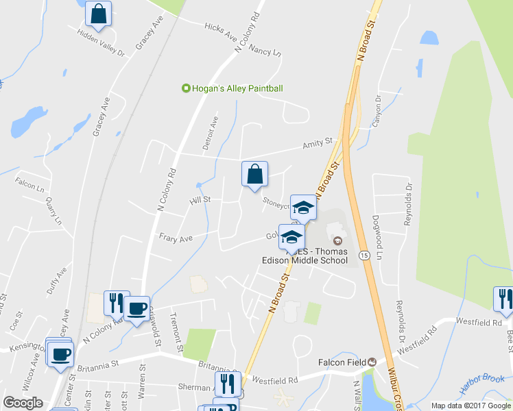 map of restaurants, bars, coffee shops, grocery stores, and more near 66 Oakland Court in Meriden
