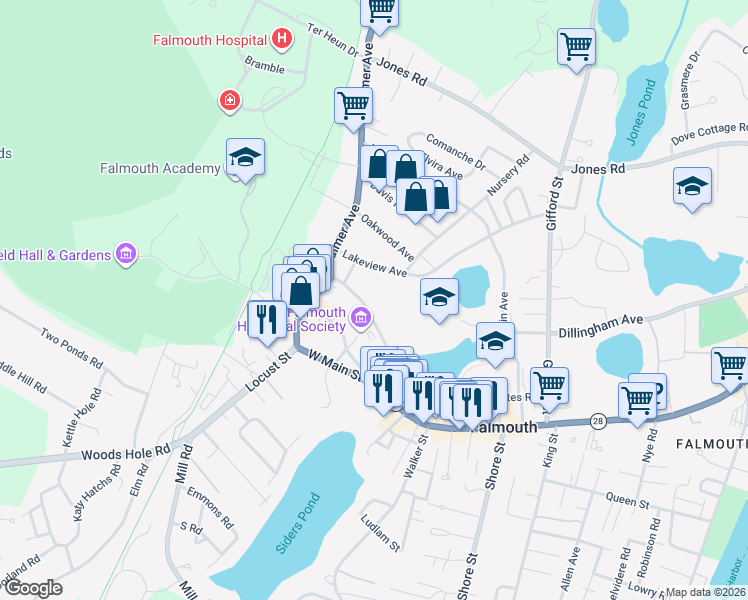 map of restaurants, bars, coffee shops, grocery stores, and more near 30 Katharine Lee Bates Road in Falmouth