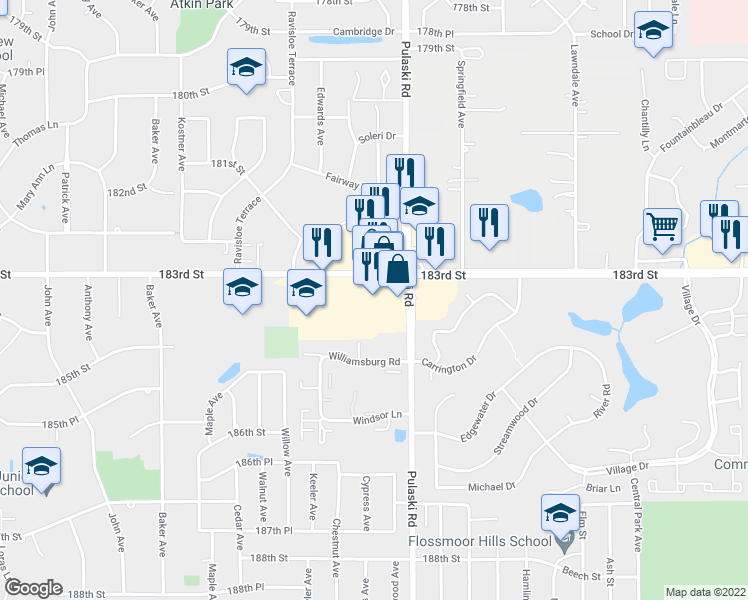 map of restaurants, bars, coffee shops, grocery stores, and more near 4039 183rd Street in Country Club Hills