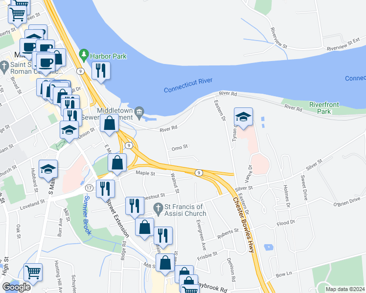 map of restaurants, bars, coffee shops, grocery stores, and more near 15 Omo Street in Middletown