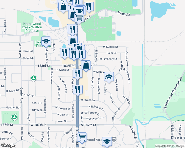 map of restaurants, bars, coffee shops, grocery stores, and more near 521 Roberts Drive in Glenwood