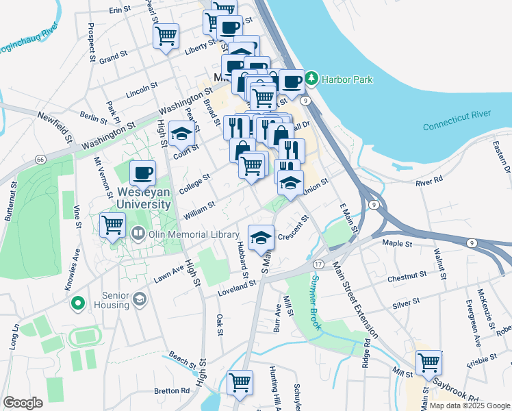 map of restaurants, bars, coffee shops, grocery stores, and more near 17 Church Street in Middletown
