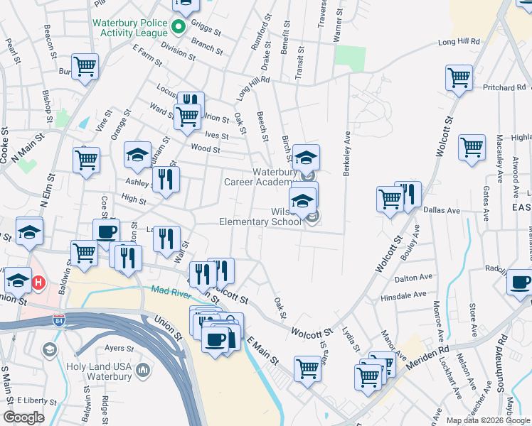 map of restaurants, bars, coffee shops, grocery stores, and more near 191 Wall Street in Waterbury