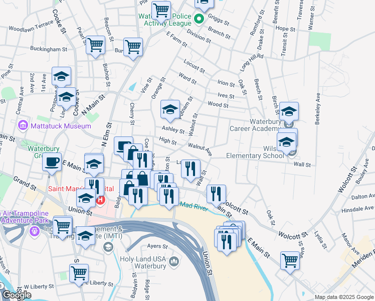 map of restaurants, bars, coffee shops, grocery stores, and more near 26 Catherine Avenue in Waterbury