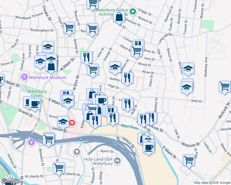 map of restaurants, bars, coffee shops, grocery stores, and more near in Waterbury