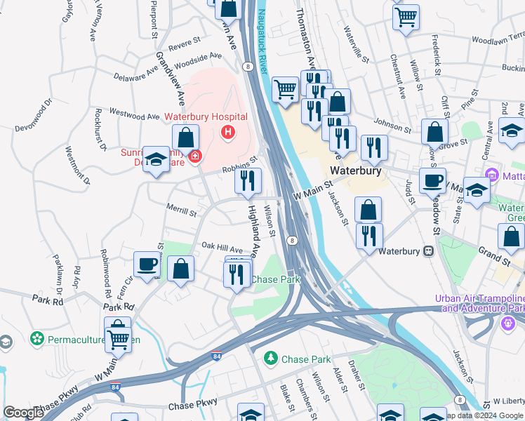 map of restaurants, bars, coffee shops, grocery stores, and more near 29 Highland Avenue in Waterbury