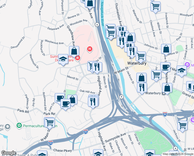 map of restaurants, bars, coffee shops, grocery stores, and more near 29 Highland Avenue in Waterbury