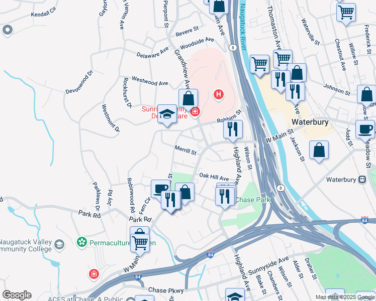 map of restaurants, bars, coffee shops, grocery stores, and more near 25 Merrill Street in Waterbury