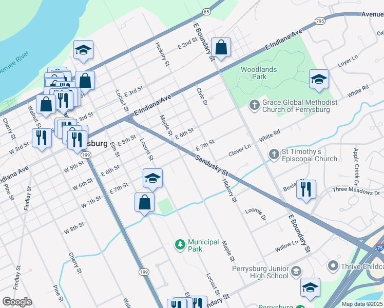 map of restaurants, bars, coffee shops, grocery stores, and more near 400 East 7th Street in Perrysburg