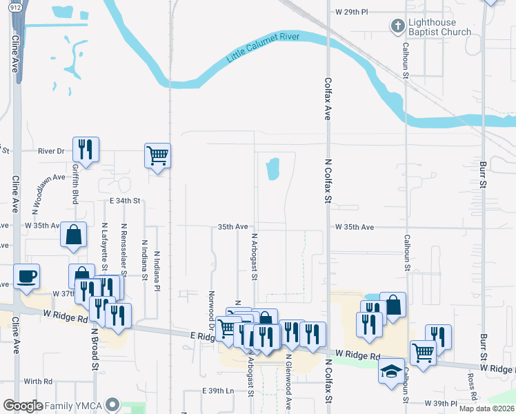 map of restaurants, bars, coffee shops, grocery stores, and more near 1925 North Arbogast Street in Griffith