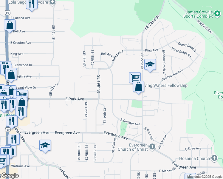 map of restaurants, bars, coffee shops, grocery stores, and more near 3120 Southeast 20th Street in Des Moines