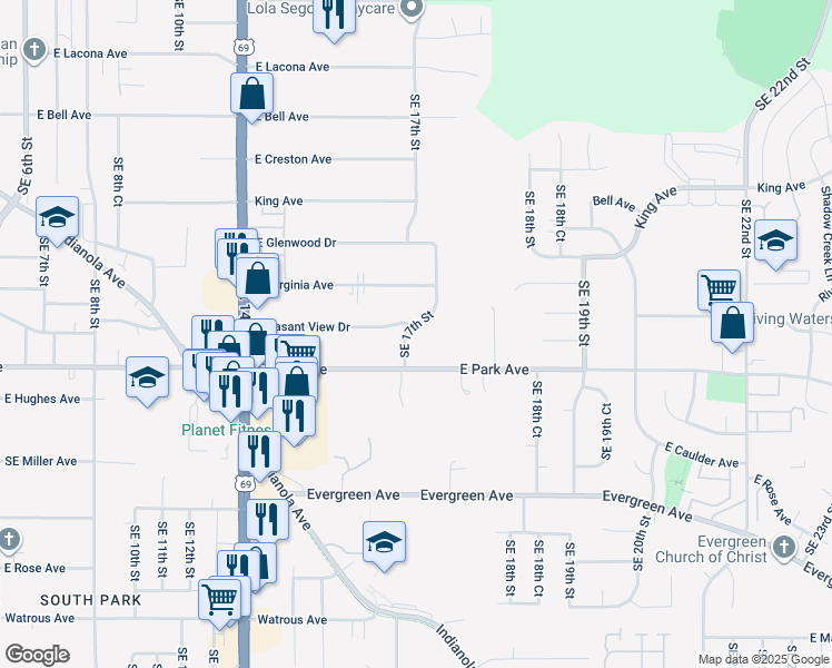map of restaurants, bars, coffee shops, grocery stores, and more near 1646 East Park Avenue in Des Moines