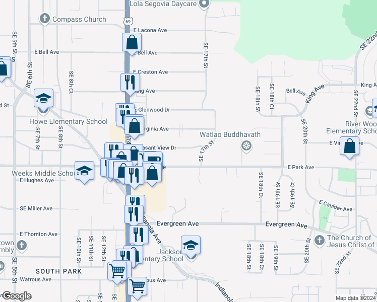 map of restaurants, bars, coffee shops, grocery stores, and more near 1626 East Park Avenue in Des Moines