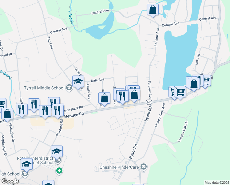 map of restaurants, bars, coffee shops, grocery stores, and more near 14 Shelton Avenue in Wolcott