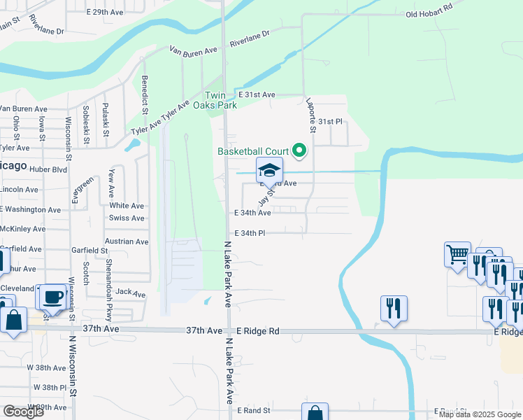 map of restaurants, bars, coffee shops, grocery stores, and more near 1401-2099 E 34th Ave in Hobart