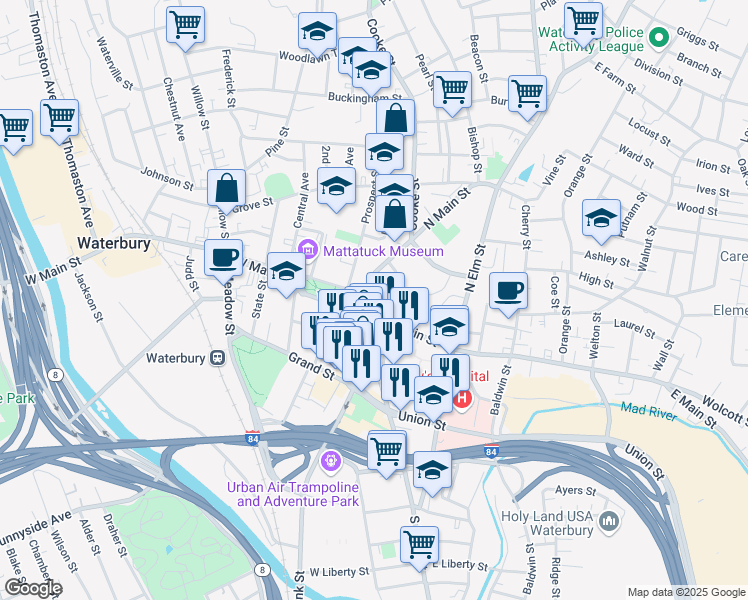 map of restaurants, bars, coffee shops, grocery stores, and more near 32 North Main Street in Waterbury